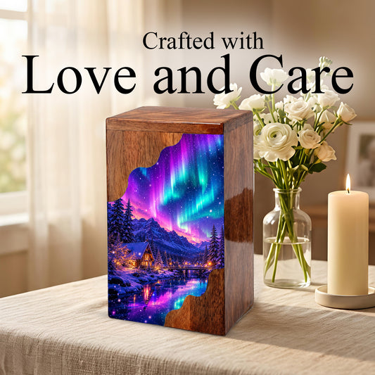 Northern Lights Wooden Cremation Urn – Aurora Borealis Memorial Urn for Human Ashes