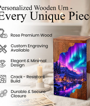 Northern Lights Wooden Cremation Urn – Aurora Borealis Memorial Urn for Human Ashes