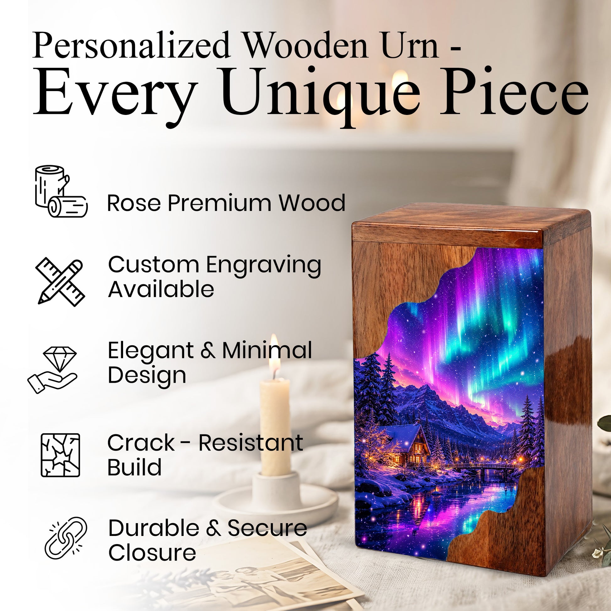 Northern Lights Wooden Cremation Urn – Aurora Borealis Memorial Urn for Human Ashes