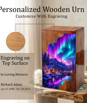 Northern Lights Wooden Cremation Urn – Aurora Borealis Memorial Urn for Human Ashes