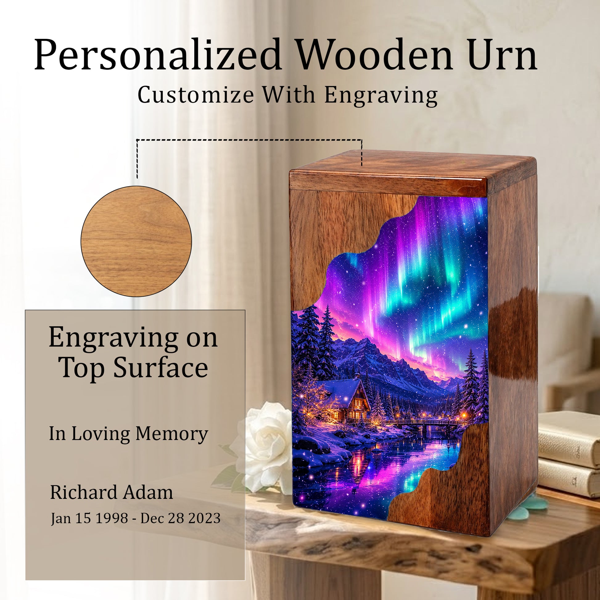 Northern Lights Wooden Cremation Urn – Aurora Borealis Memorial Urn for Human Ashes