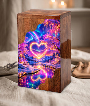 Personalized Northern Lights Heart Wooden Cremation Urn – Aurora Borealis Winter Memorial Urn with Glowing Heart Landscape