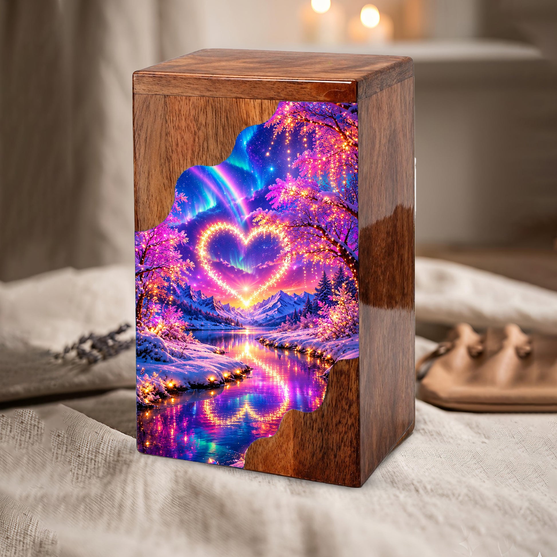 Personalized Northern Lights Heart Wooden Cremation Urn – Aurora Borealis Winter Memorial Urn with Glowing Heart Landscape