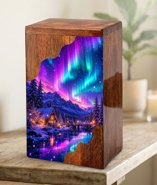 Northern Lights Wooden Cremation Urn – Aurora Borealis Memorial Urn for Human Ashes
