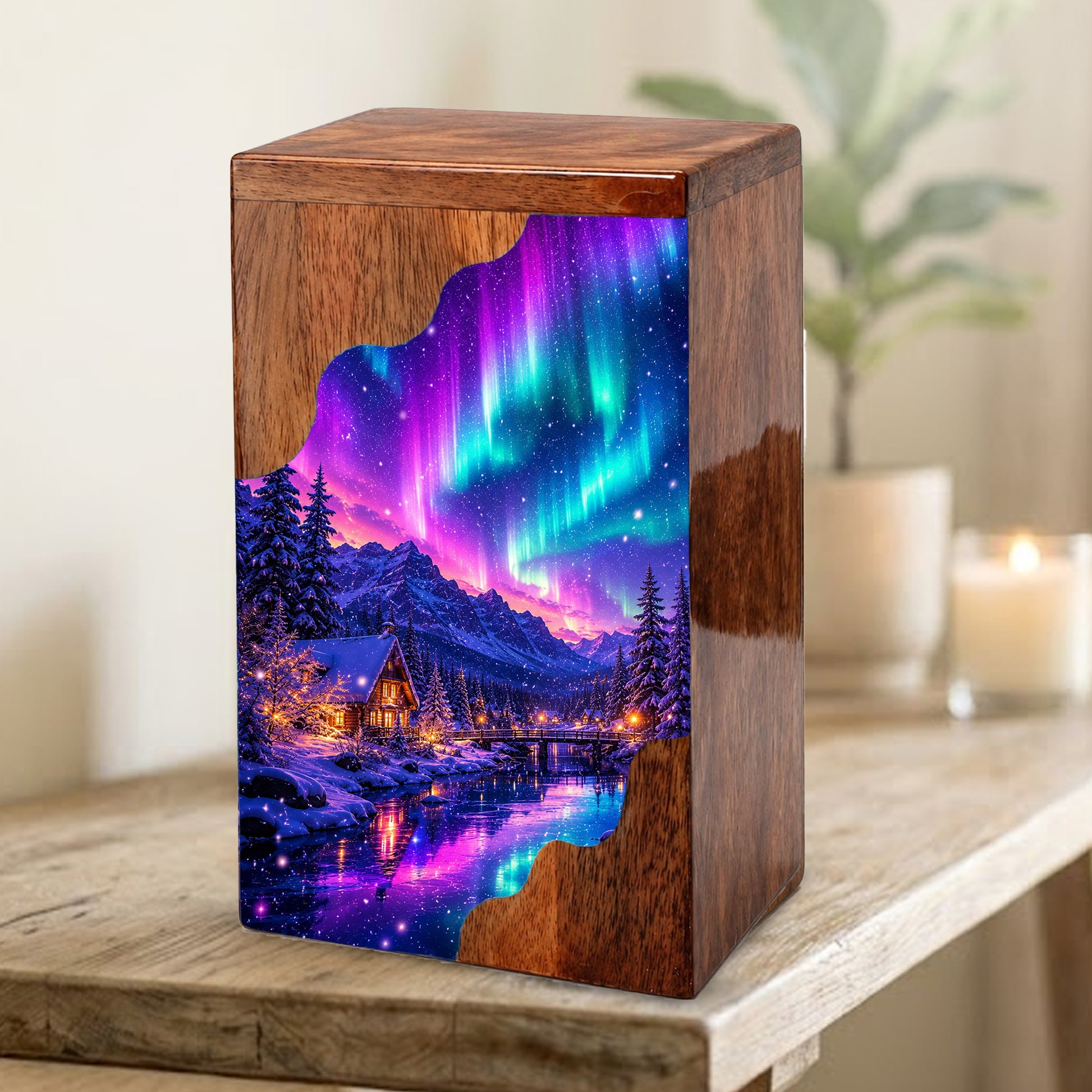 Northern Lights Wooden Cremation Urn – Aurora Borealis Memorial Urn for Human Ashes