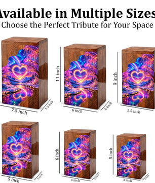 Personalized Northern Lights Heart Wooden Cremation Urn – Aurora Borealis Winter Memorial Urn with Glowing Heart Landscape