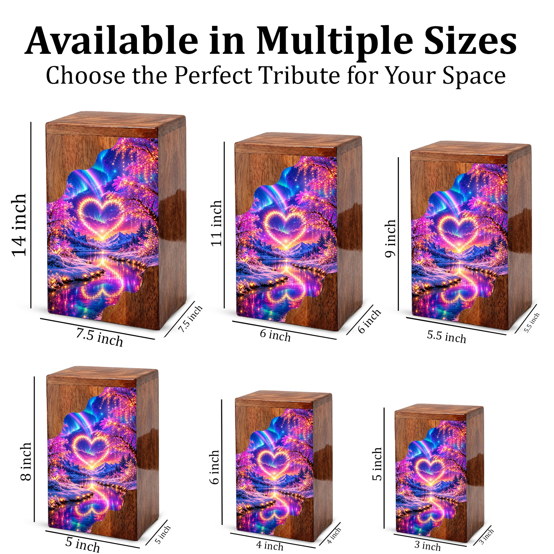 Personalized Northern Lights Heart Wooden Cremation Urn – Aurora Borealis Winter Memorial Urn with Glowing Heart Landscape
