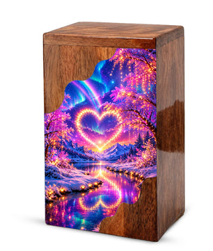 Personalized Northern Lights Heart Wooden Cremation Urn – Aurora Borealis Winter Memorial Urn with Glowing Heart Landscape