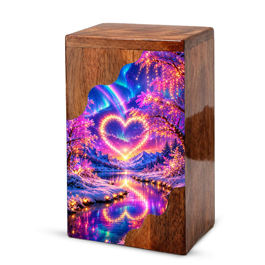 Personalized Northern Lights Heart Wooden Cremation Urn – Aurora Borealis Winter Memorial Urn with Glowing Heart Landscape