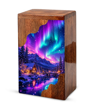 Northern Lights Wooden Cremation Urn – Aurora Borealis Memorial Urn for Human Ashes