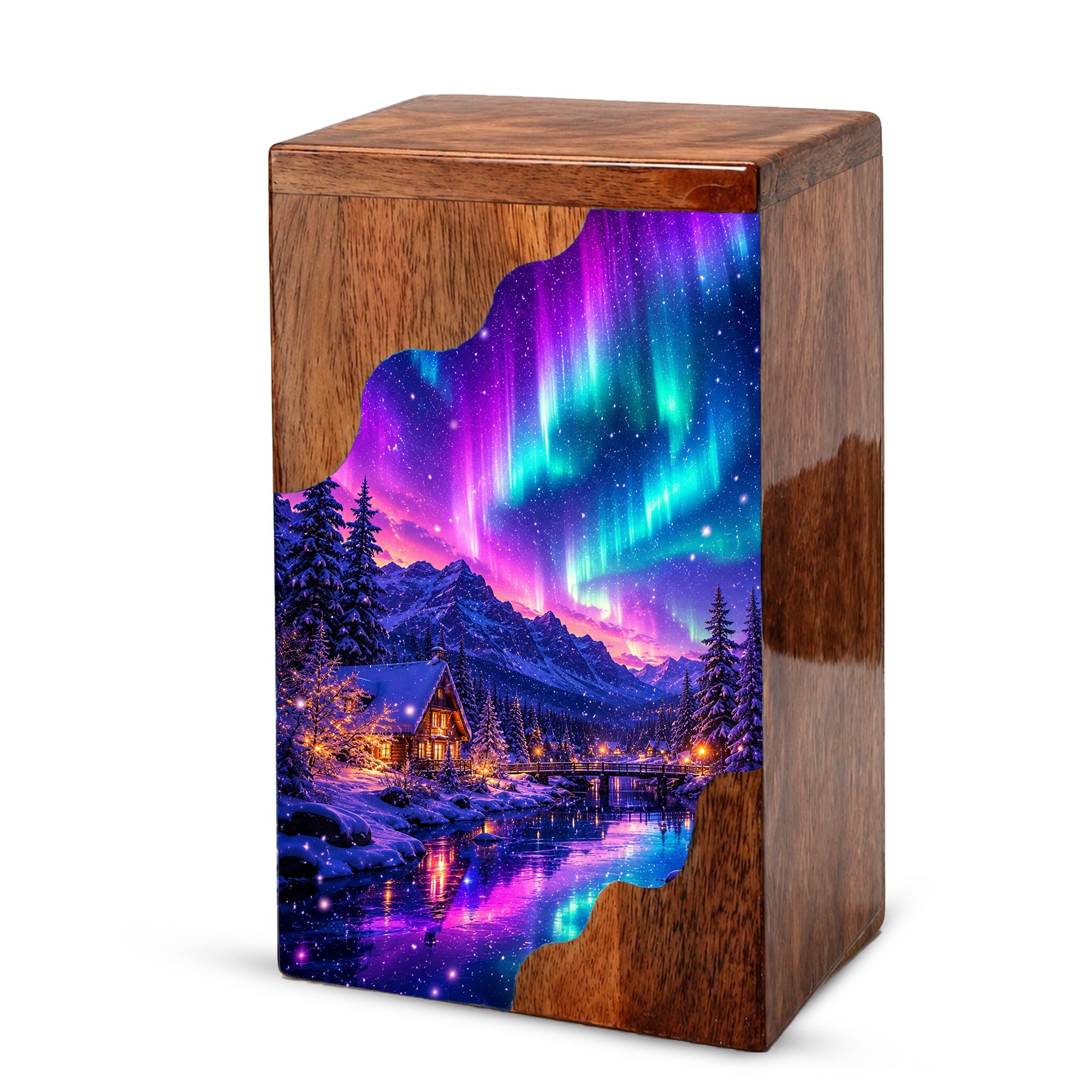 Northern Lights Wooden Cremation Urn – Aurora Borealis Memorial Urn for Human Ashes