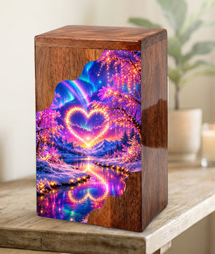 Personalized Northern Lights Heart Wooden Cremation Urn – Aurora Borealis Winter Memorial Urn with Glowing Heart Landscape