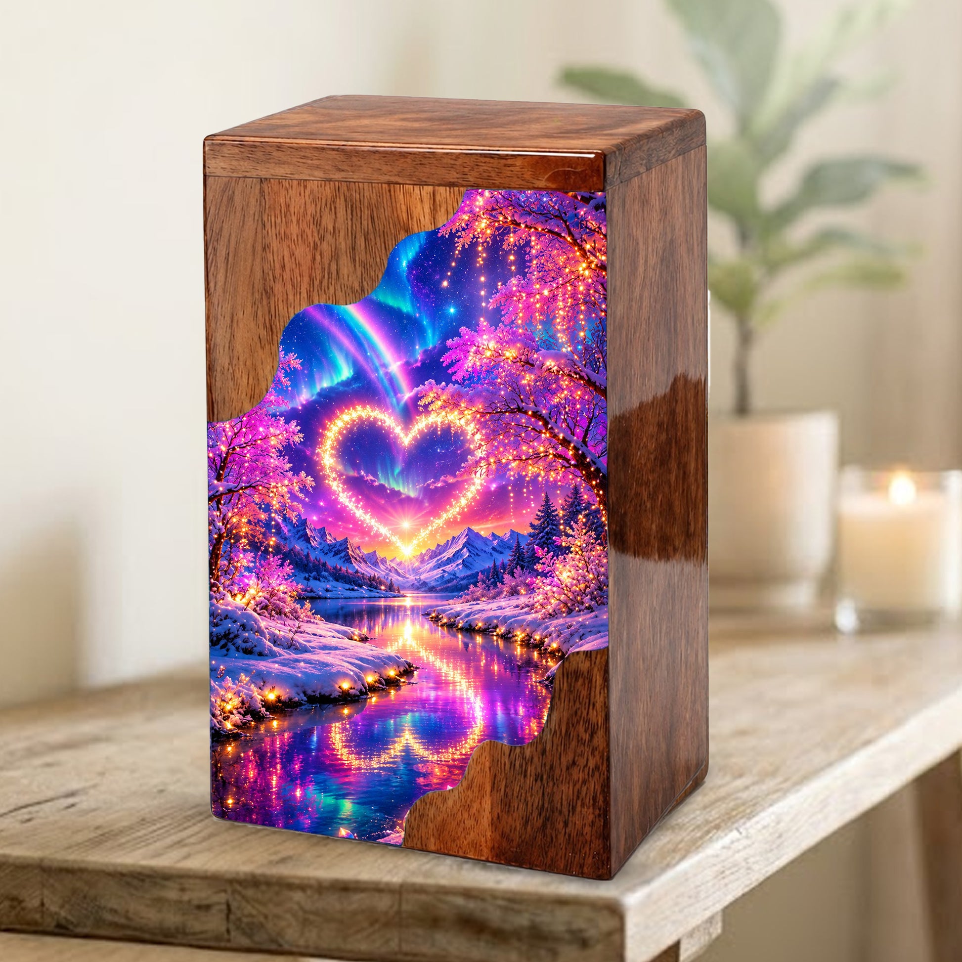 Personalized Northern Lights Heart Wooden Cremation Urn – Aurora Borealis Winter Memorial Urn with Glowing Heart Landscape