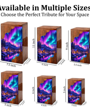 Northern Lights Wooden Cremation Urn – Aurora Borealis Memorial Urn for Human Ashes