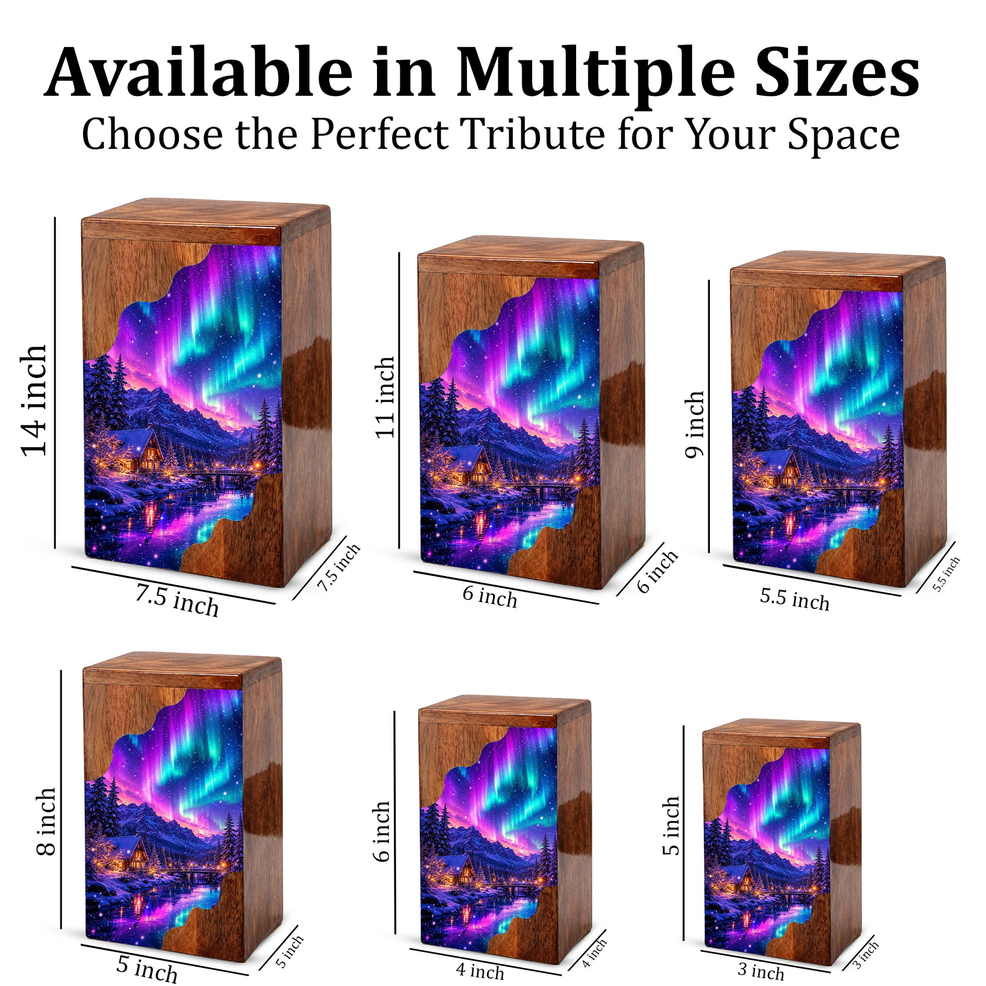 Northern Lights Wooden Cremation Urn – Aurora Borealis Memorial Urn for Human Ashes