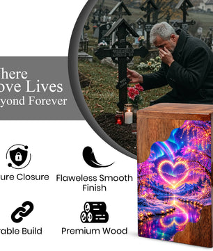 Personalized Northern Lights Heart Wooden Cremation Urn – Aurora Borealis Winter Memorial Urn with Glowing Heart Landscape