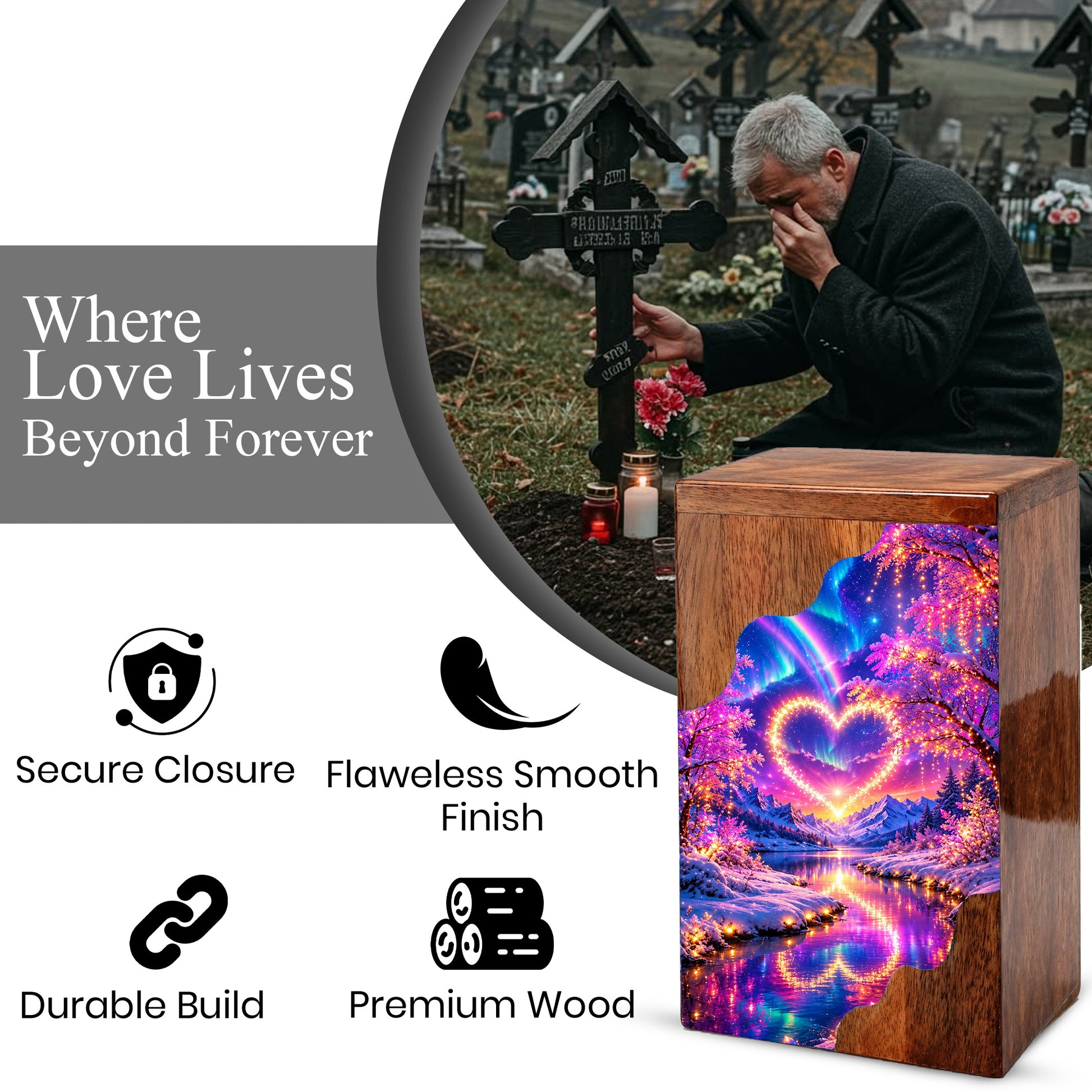Personalized Northern Lights Heart Wooden Cremation Urn – Aurora Borealis Winter Memorial Urn with Glowing Heart Landscape