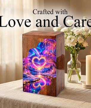 Personalized Northern Lights Heart Wooden Cremation Urn – Aurora Borealis Winter Memorial Urn with Glowing Heart Landscape