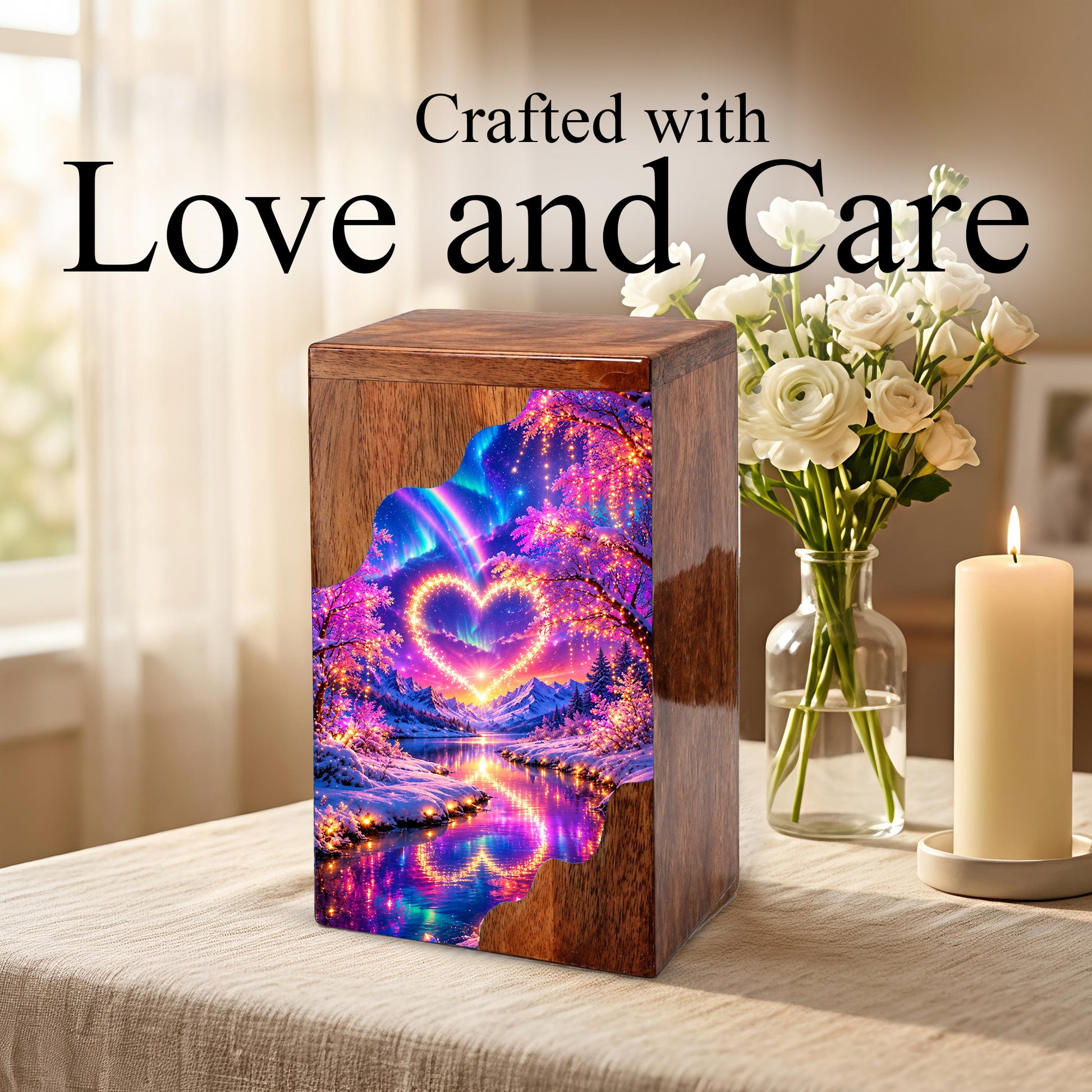 Personalized Northern Lights Heart Wooden Cremation Urn – Aurora Borealis Winter Memorial Urn with Glowing Heart Landscape