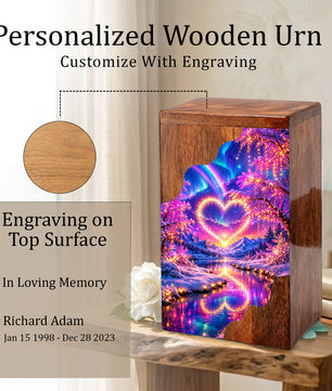 Personalized Northern Lights Heart Wooden Cremation Urn – Aurora Borealis Winter Memorial Urn with Glowing Heart Landscape