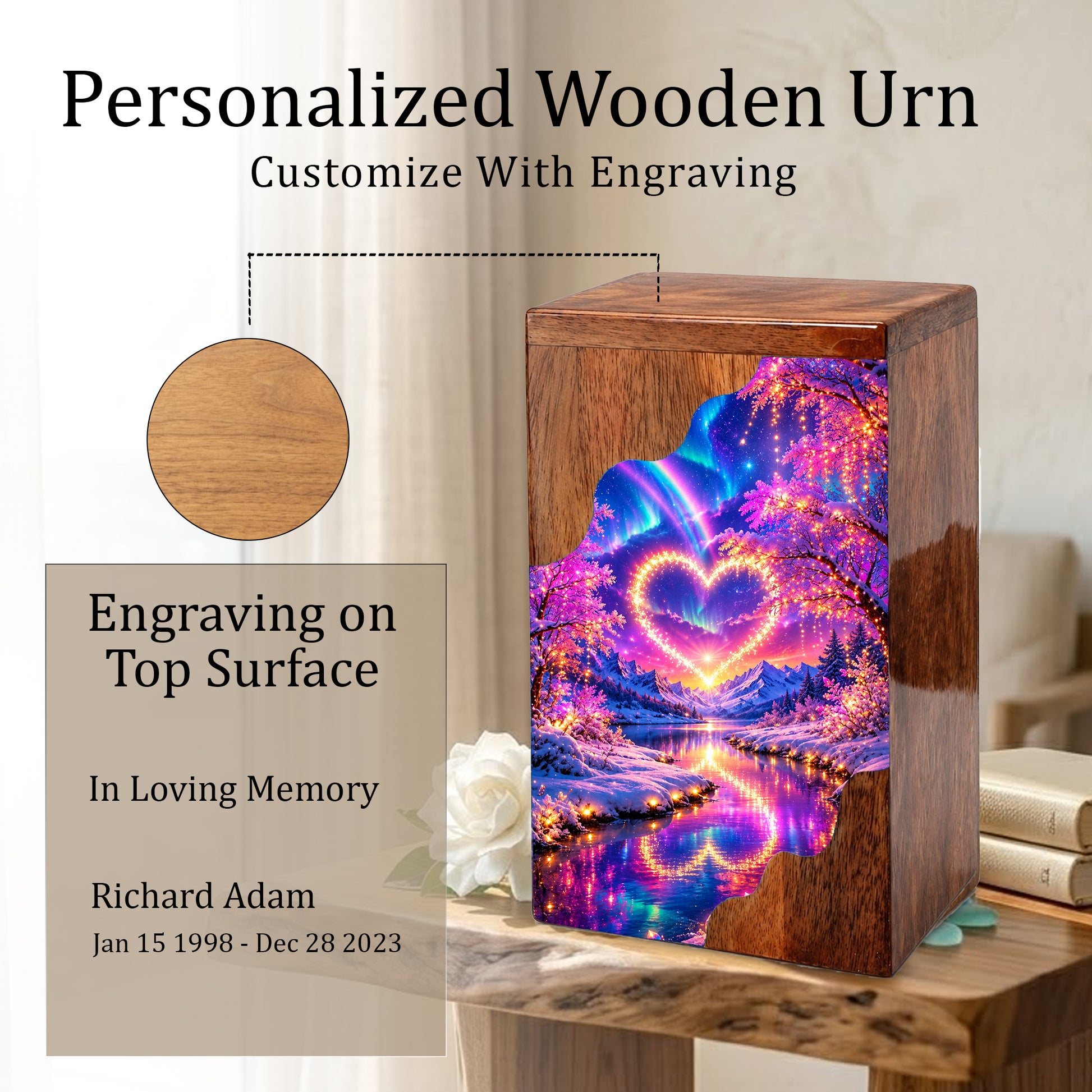 Personalized Northern Lights Heart Wooden Cremation Urn – Aurora Borealis Winter Memorial Urn with Glowing Heart Landscape