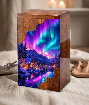 Northern Lights Wooden Cremation Urn – Aurora Borealis Memorial Urn for Human Ashes