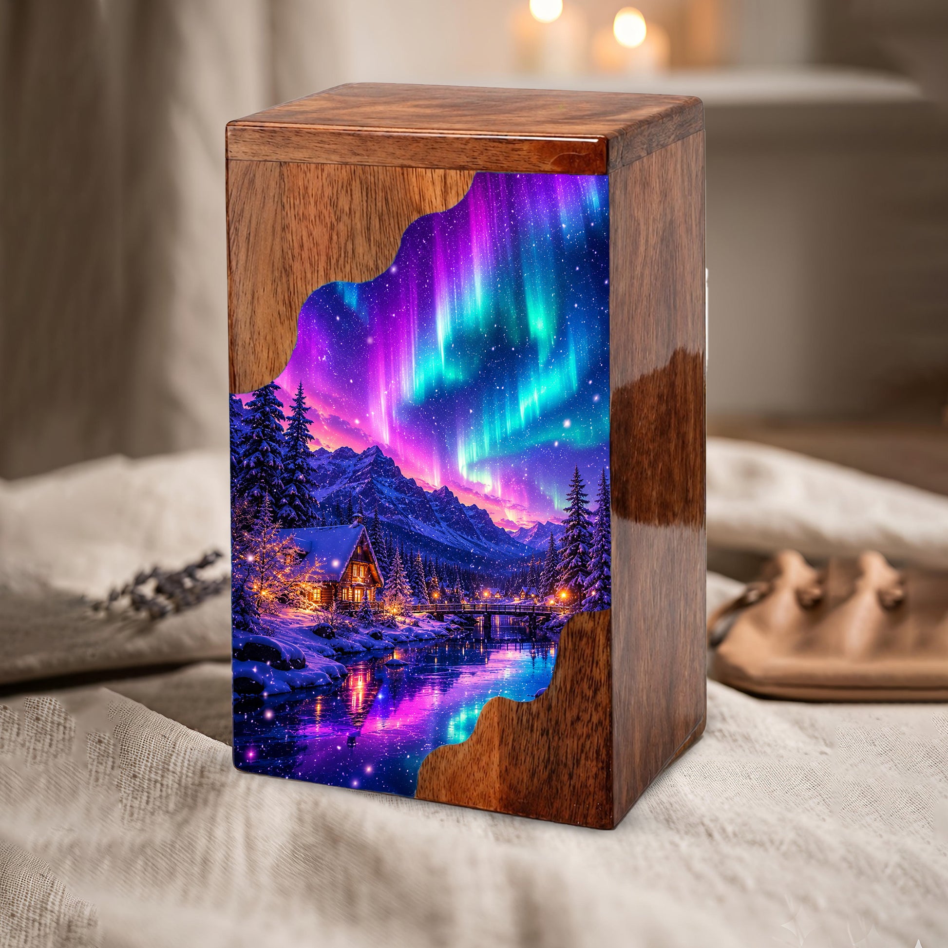 Northern Lights Wooden Cremation Urn – Aurora Borealis Memorial Urn for Human Ashes