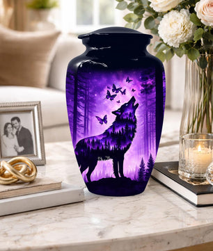Purple Wolf Urn For Human Ashes - Forest Animal Mini Keepsake Urns For Male & Female
