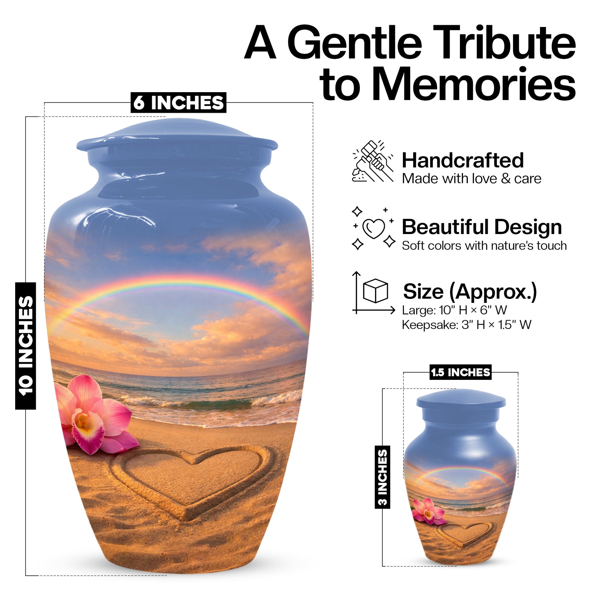 Beach Rainbow  Memorial Urn for Ashes – Custom Ocean  Keepsake Urns for Mom & Dad