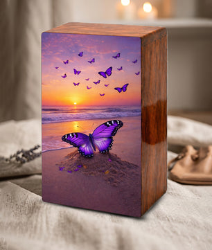 Purple Butterfly Urn For Ashes - Ocean Sunset Beach Keepsake Urns with Butterflies