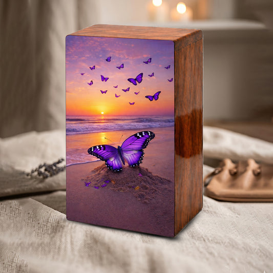 Purple Butterfly Urn For Ashes - Ocean Sunset Beach Keepsake Urns with Butterflies
