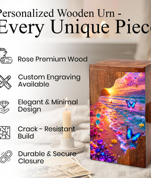 Personalized Butterfly Beach Wooden Cremation Urn – Sunset Ocean Memorial Urn with Butterflies & Floral Shore