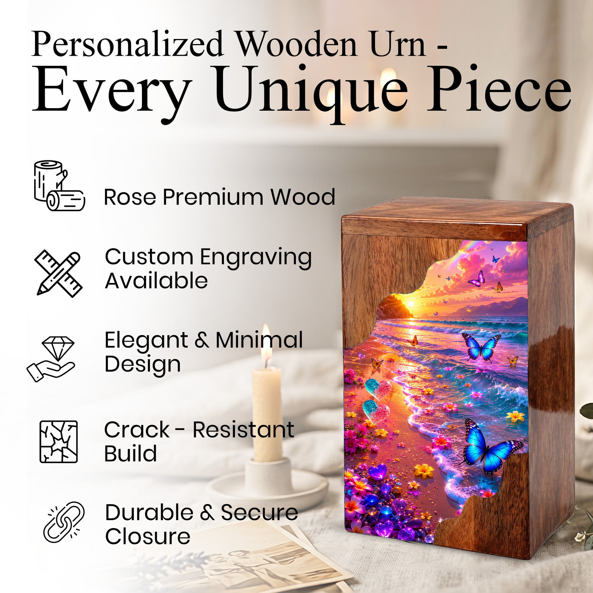 Personalized Butterfly Beach Wooden Cremation Urn – Sunset Ocean Memorial Urn with Butterflies & Floral Shore