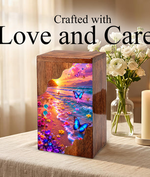 Personalized Butterfly Beach Wooden Cremation Urn – Sunset Ocean Memorial Urn with Butterflies & Floral Shore