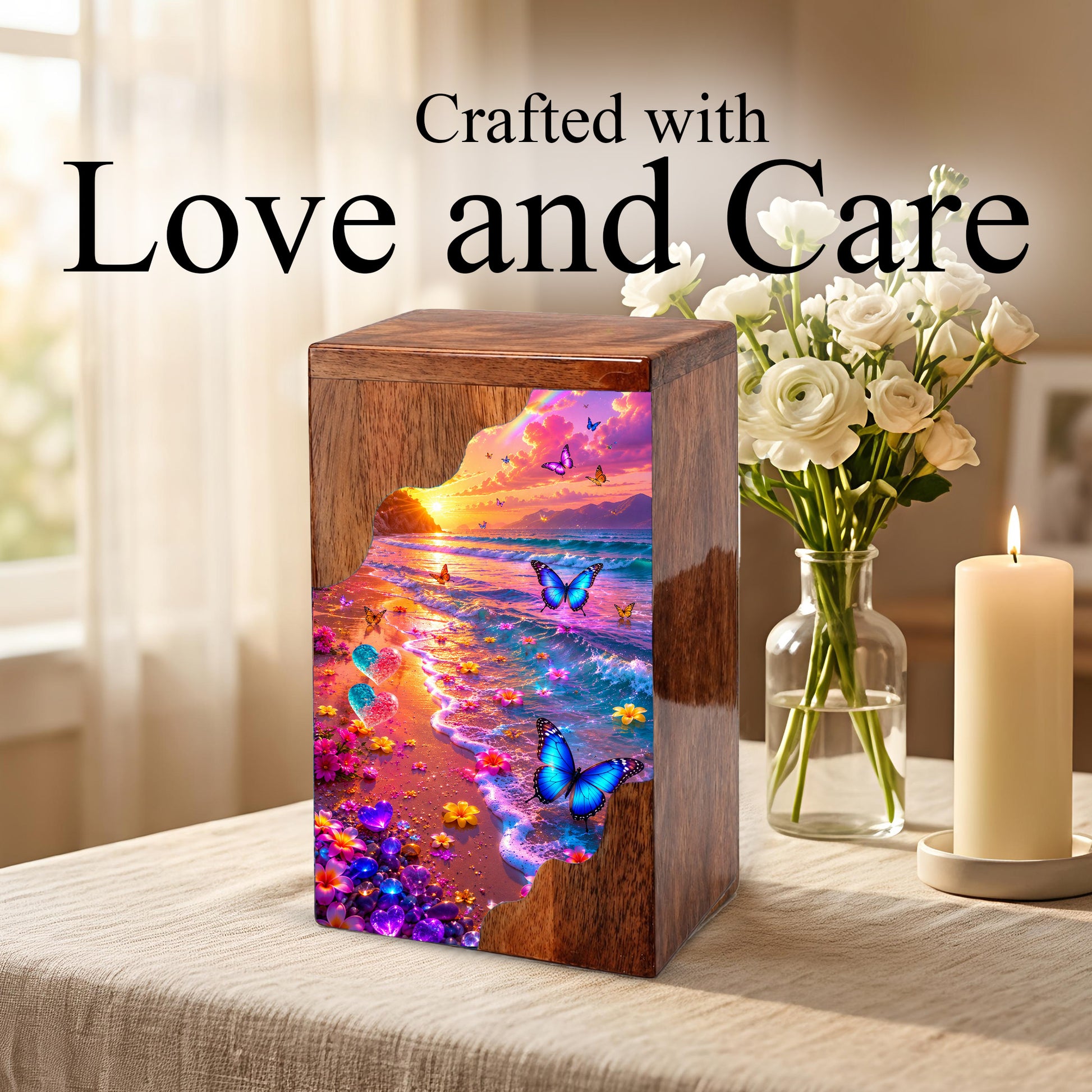 Personalized Butterfly Beach Wooden Cremation Urn – Sunset Ocean Memorial Urn with Butterflies & Floral Shore