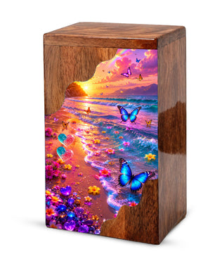Personalized Butterfly Beach Wooden Cremation Urn – Sunset Ocean Memorial Urn with Butterflies & Floral Shore