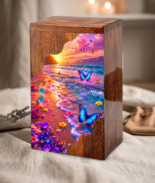 Personalized Butterfly Beach Wooden Cremation Urn – Sunset Ocean Memorial Urn with Butterflies & Floral Shore