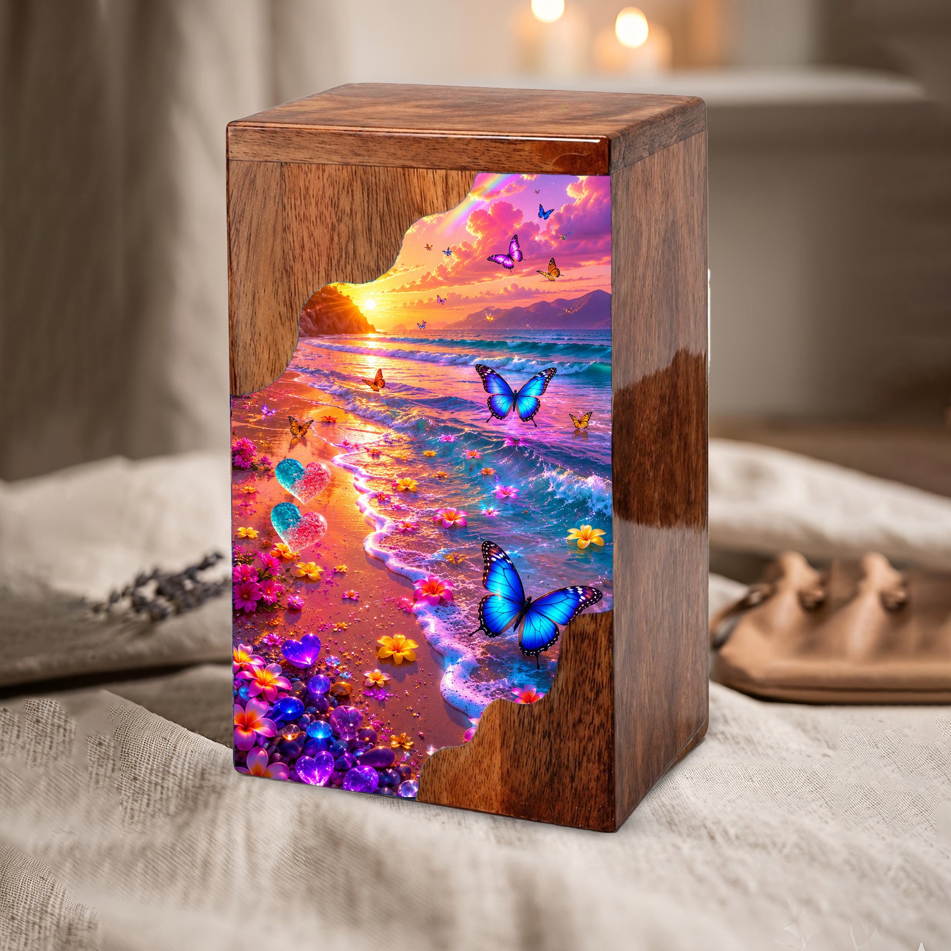 Personalized Butterfly Beach Wooden Cremation Urn – Sunset Ocean Memorial Urn with Butterflies & Floral Shore
