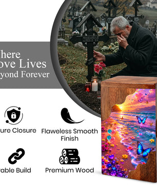 Personalized Butterfly Beach Wooden Cremation Urn – Sunset Ocean Memorial Urn with Butterflies & Floral Shore