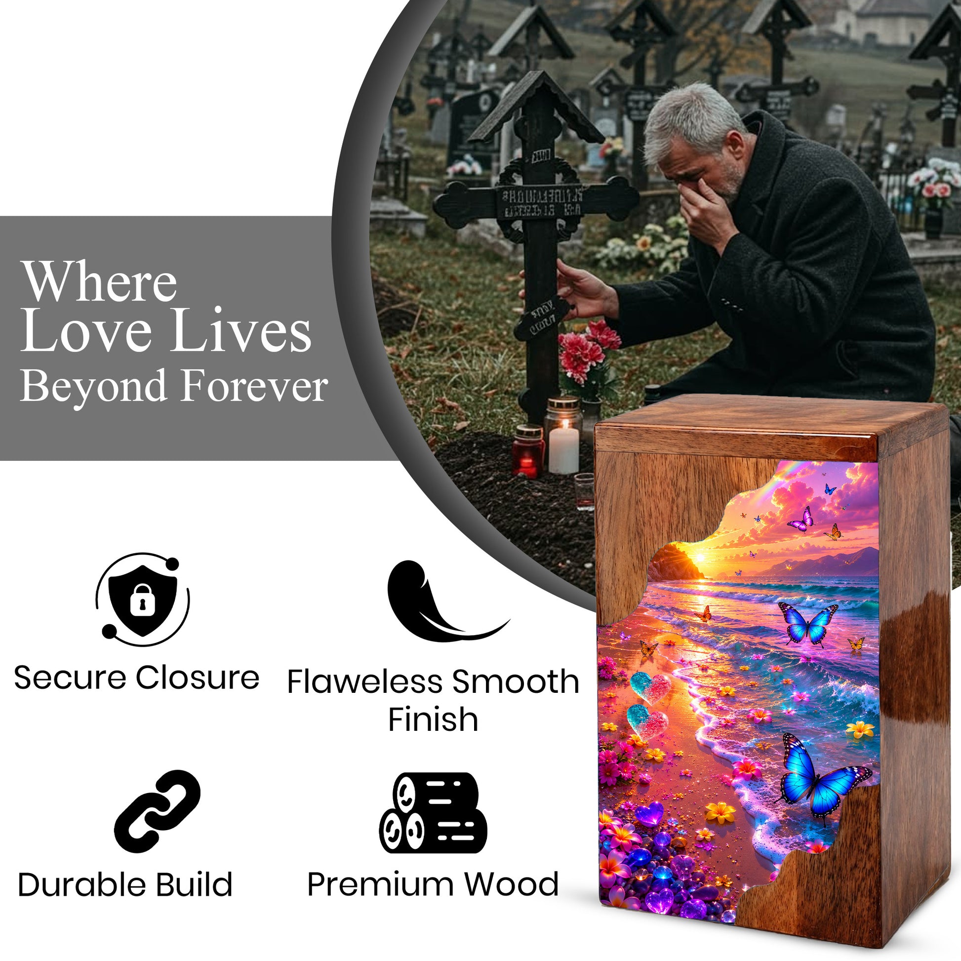 Personalized Butterfly Beach Wooden Cremation Urn – Sunset Ocean Memorial Urn with Butterflies & Floral Shore