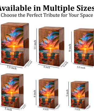 Tropical Beach Wooden Cremation Urn – Sunset Ocean Memorial Urn with Coastal Chair Artwork