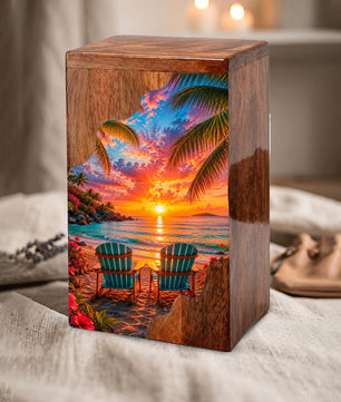 Tropical Beach Wooden Cremation Urn – Sunset Ocean Memorial Urn with Coastal Chair Artwork