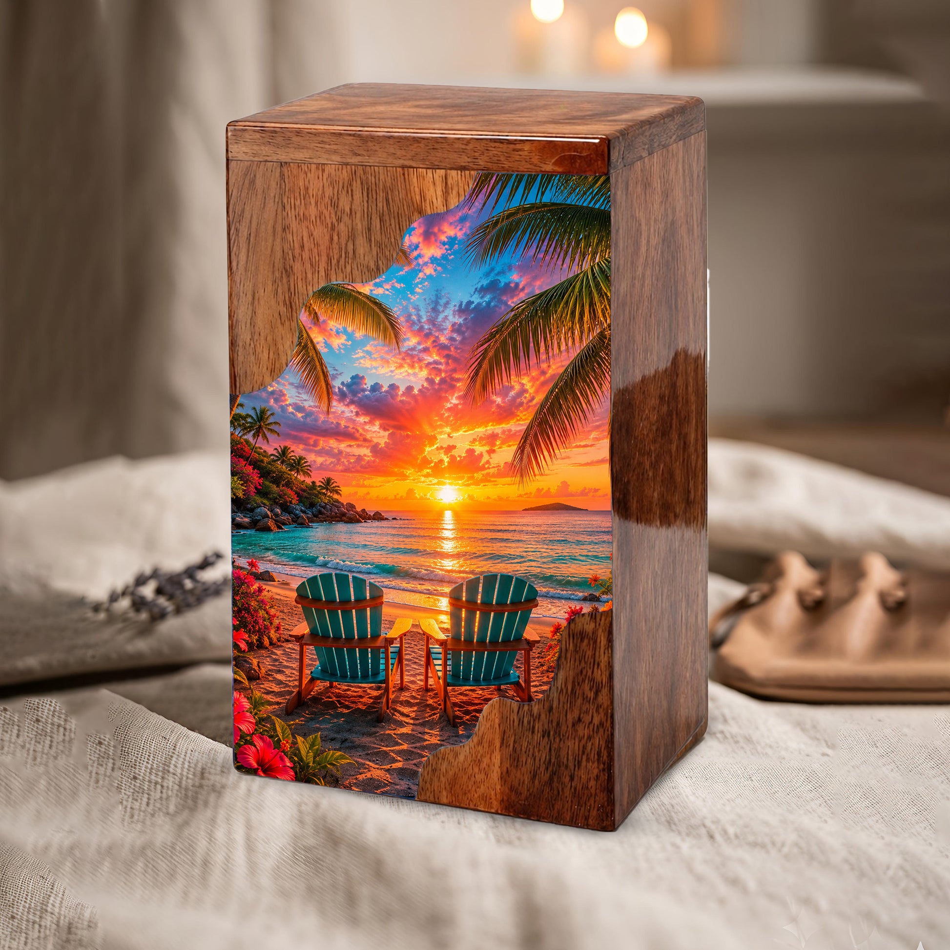 Tropical Beach Wooden Cremation Urn – Sunset Ocean Memorial Urn with Coastal Chair Artwork