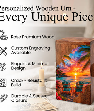Tropical Beach Wooden Cremation Urn – Sunset Ocean Memorial Urn with Coastal Chair Artwork