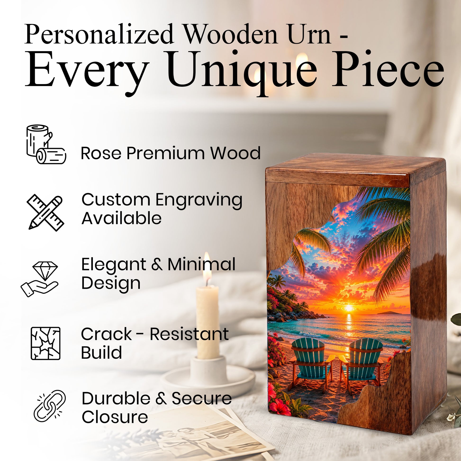 Tropical Beach Wooden Cremation Urn – Sunset Ocean Memorial Urn with Coastal Chair Artwork