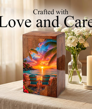 Tropical Beach Wooden Cremation Urn – Sunset Ocean Memorial Urn with Coastal Chair Artwork