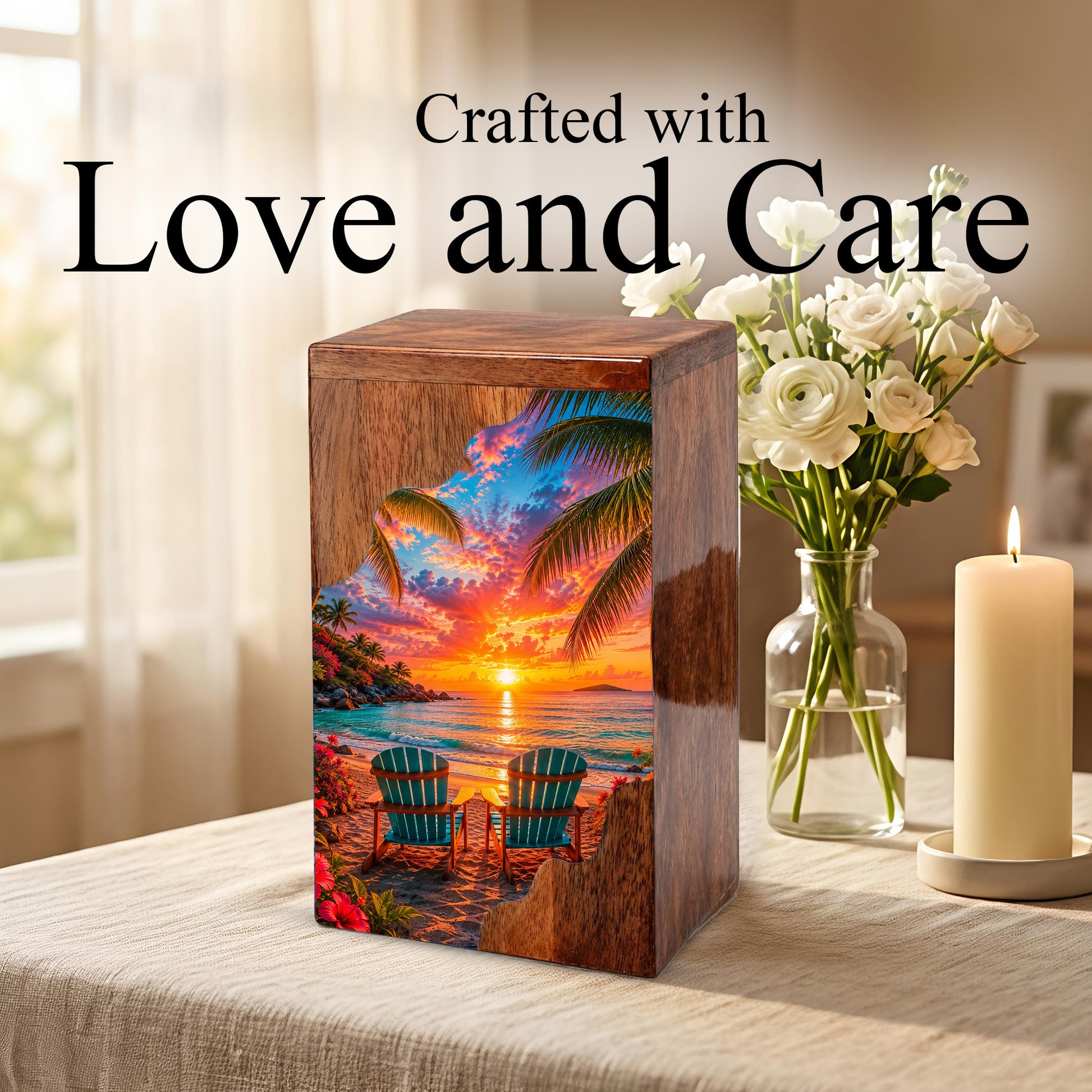 Tropical Beach Wooden Cremation Urn – Sunset Ocean Memorial Urn with Coastal Chair Artwork
