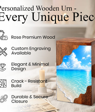 Serene Beach Wooden Cremation Urn – Personalized Memorial Urn for Human Ashes