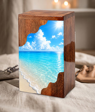 Serene Beach Wooden Cremation Urn – Personalized Memorial Urn for Human Ashes