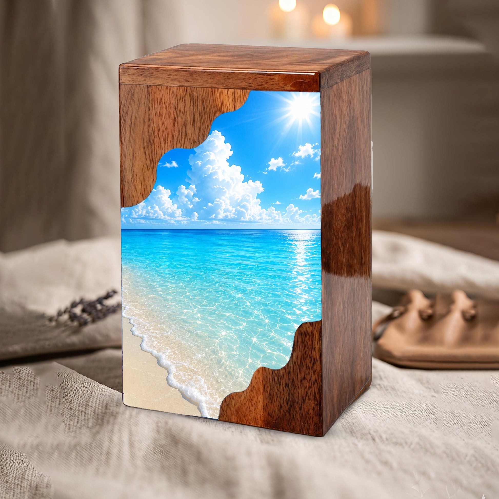 Serene Beach Wooden Cremation Urn – Personalized Memorial Urn for Human Ashes